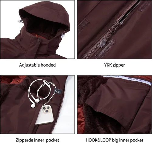 Vista 25 de CAMEL CROWN - Chamarra de esquí para mujer, impermeable, con capucha desmontable, rompevientos, forro polar, parka para lluvia