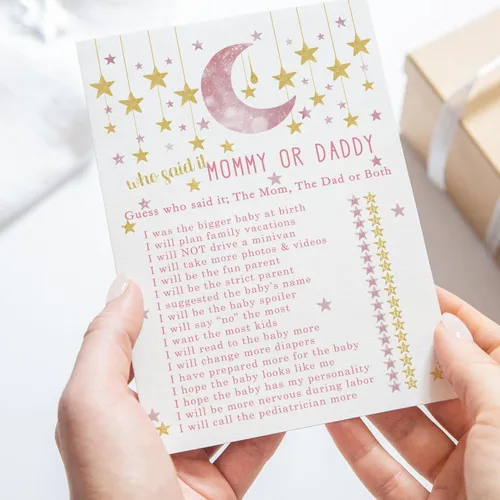 Vista 6 de Paper Clever Party Twinkle Little Star - Juego de baby shower para niñas, 25 tarjetas de juego de Adivina quién mamá o papá, divertidas actividades