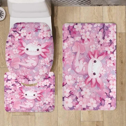 Vista 4 de Axolotl - Juego de 3 alfombras de baño antideslizantes y lavables para tapa de inodoro y tapete de contorno con respaldo de PVC, juego de tapetes