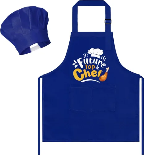 Vista 27 de R HORSE Juego de delantal y sombrero de chef para niños, 2 piezas, mini parrilla ajustable, delantal de cocina para niños, juego de rol, juguete