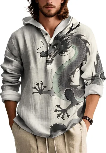 Vista 20 de Sudadera con capucha con estampado novedoso para hombre, multiestilo, manga larga, casual, con botones de un cuarto