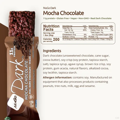 Vista 3 de NuGo Moca de chocolate oscuro, 0.39 oz de proteína vegana, 200 calorías, sin gluten, 24