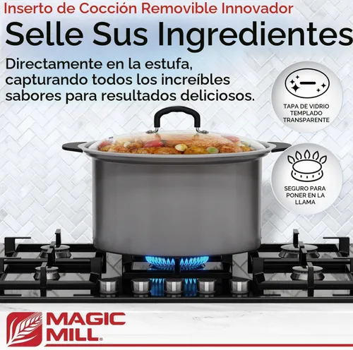 Vista 2 de Magic Mill Olla de cocción lenta de 10 cuartos Olla de metal extra grande antiadherente para sellar y tapa de vidrio templado transparente, ollas