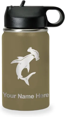 Vista 25 de LaserGram Botella de agua personalizada, tiburón martillo, acero inoxidable de doble pared aislada al vacío con popote superior, regalo grabado