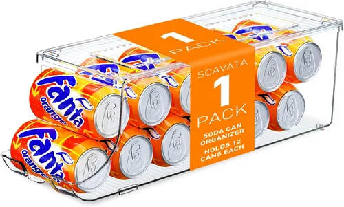 Vista 10 de SCAVATA Paquete de 2 organizadores de latas de soda para refrigerador, contenedor apilable de latas de alimentos enlatados, dispensador de latas