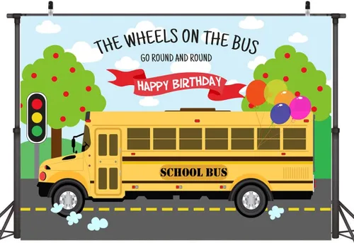 Vista 2 de Lofaris Telón de fondo de feliz cumpleaños, las ruedas en el autobús, gira y vuelta, autobús de regreso a la escuela, cumpleaños para niños y niñas