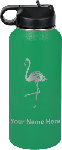 Vista 28 de LaserGram Botella de agua personalizada, flamenco, acero inoxidable de doble pared aislada al vacío con popote superior, regalo grabado