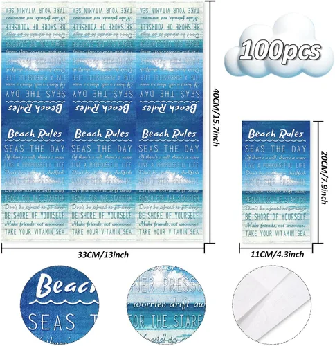 Vista 2 de AnyDesign Paquete de 100 servilletas de papel desechables con reglas de playa para verano, servilletas de papel desechables con palabras de mar