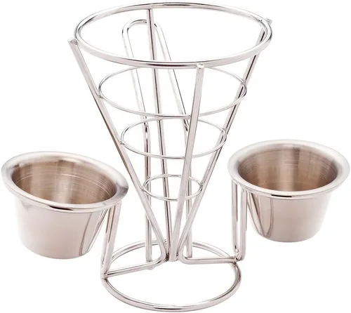 Vista 2 de Restaurantware Soporte para papas fritas de 4 x 5 pulgadas, 1 soporte para freír – con 2 soportes para salsas, soporte de cono de acero inoxidable