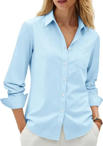 Vista 13 de siliteelon Camisas con botones para mujer, camisa Oxford de algodón, camisa de vestir de manga larga, blusas de trabajo con bolsillo