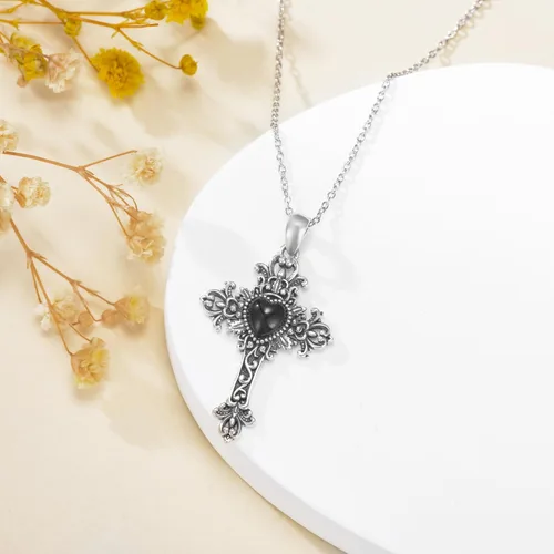 Vista 4 de Vintage Black Onyx Necklace 925 Sterling Silver Retro Oxidized ButterflyCross Pendant Necklace, Gothic Black Jewelry Gifts for Women