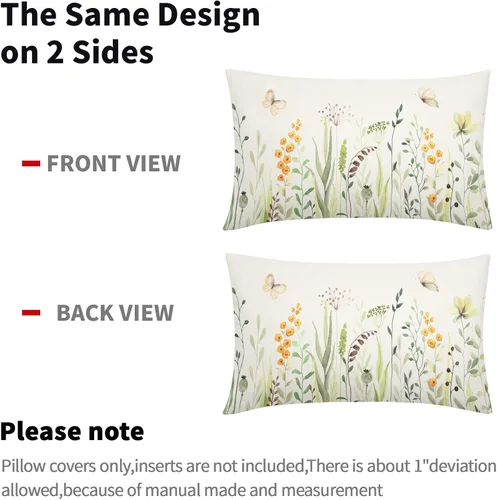 Vista 4 de Kawani Fundas de almohadón lumbar florales para primavera y verano de 12x20 pulgadas, flores silvestres amarillas y hojas verdes con mariposas