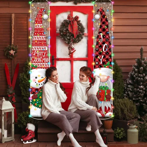 Vista 5 de Irenare Decoraciones de Pancarta de Navidad Iluminada con Luz LED Feliz Navidad Letrero de Porche Frontal Muñeco de Nieve Gnomo Pancarta Colgante