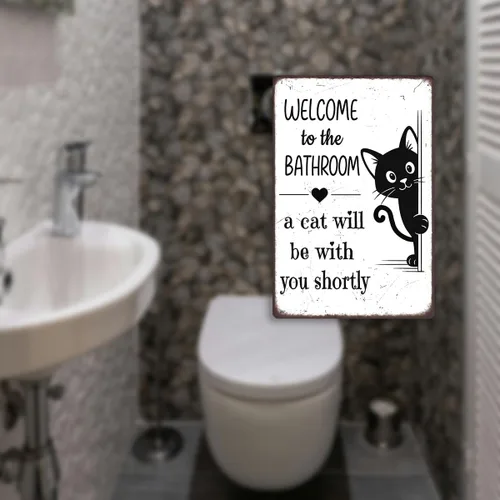 Vista 6 de Divertida decoración de baño – Welcome to the Bathroom A Cat Will Be With You Shortly – Cartel de metal de gato negro para baño, inodoro o tocador