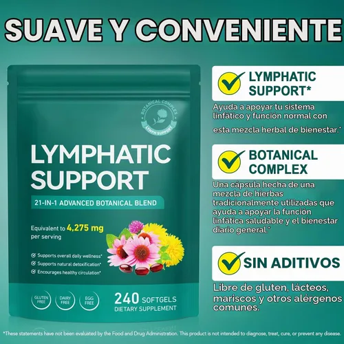 Vista 6 de Suplementos de drenaje linfático: equinácea, diente de león, raíz de bardana, complejo botánico 21 en 1 para el sistema linfático, equilibrio