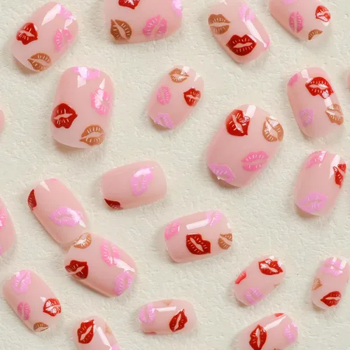 Vista 3 de Uñas postizas a presión para San Valentín, uñas postizas cortas cuadradas MABKJLF nude con diseños de labios, cobertura completa, pegamento