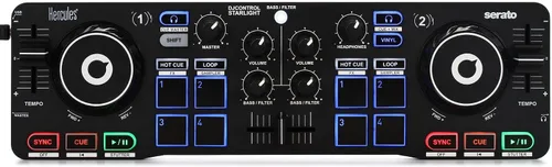 Vista 2 de Hercules DJControl Starlight - Controlador de DJ portátil de 2 canales con adaptador USB-C a USB-A, controlador DJ compacto y ligero