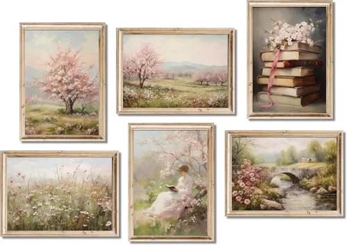 Vista 10 de DULASI Juego de 6 lienzos de paisaje costero de playa, impresiones en lienzo de océano rosa y azul, cuadros abstractos de paisaje marino de verano