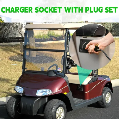 Vista 2 de Receptáculo de cargador de 48 voltios y enchufe para carrito de golf EZGO RXV, mango de enchufe de cargador triangular de 3 pines, OEM # 604321