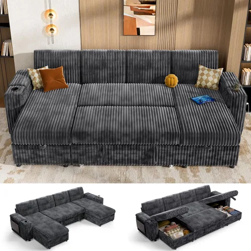 Vista 18 de Vipbear Sofá cama modular de 86 pulgadas con cama extraíble, sofá en forma de L de pana de felpa de 3 asientos con diván de almacenamiento, puertos