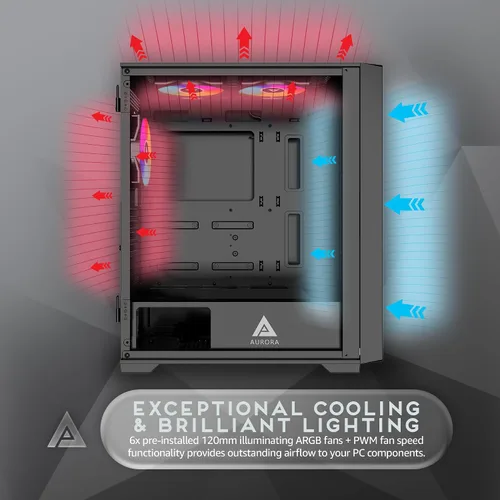 Vista 3 de Apevia Aurora-BK ATX Mid Tower - Carcasa para PC con 6 ventiladores PWM ARGB de 4.724 in 366 RGB Light Modes, 1x Glass/Mesh Front Panel, 1x Swivel