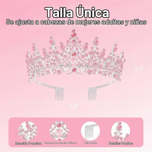 Vista 2 de Tiara de cumpleaños y corona con banda, tiara de cumpleaños para fiesta de mujeres (rosa)