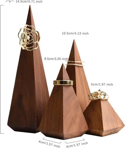 Vista 4 de GemeShou Soporte de anillo de madera pequeño de nogal, 4 piezas para vender anillos de madera para joyería Cono de soporte de anillo pirámide