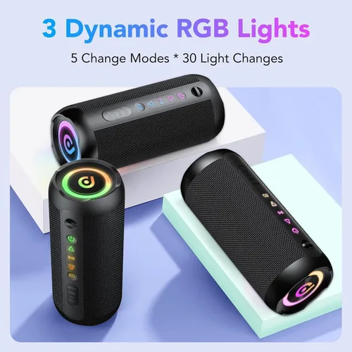 Vista 10 de Altavoz Bluetooth portátil, altavoz Bluetooth 5.4, altavoz dual de 30 W, canal 2.0, graves profundos, tiempo de reproducción de 30 horas, luces RGB