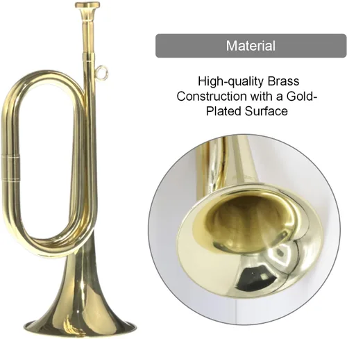 Vista 3 de CashBeat - Cuerno de corneta de latón chapado en oro, trompeta de caballería con bolsa y guantes Brass Instrument for Military Orchestra and