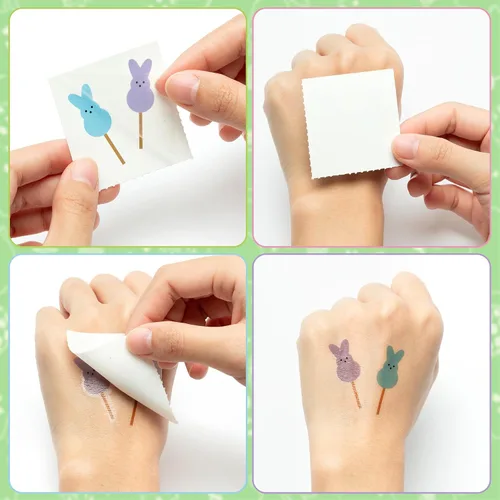 Vista 4 de ANGOLIO Tatuajes temporales de conejo de Pascua, 144 tatuajes temporales de conejo para niños, a granel, feliz día de Pascua, conejito de Pascua