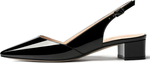 Vista 2 de MERRORI Zapatos de vestir con espalda cruzada para mujer, tacón bajo grueso, de patente, sin cordones, punta puntiaguda, zapatos de tacón bajo, 1.5