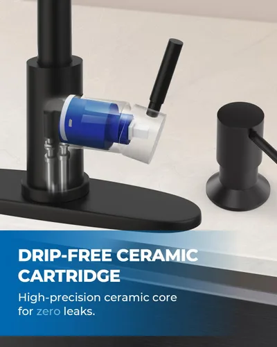 Vista 6 de WEWE Grifo de cocina con dispensador de jabón y rociador extraíble, grifo clásico de acero inoxidable de 3 modos para autocaravana, negro mate