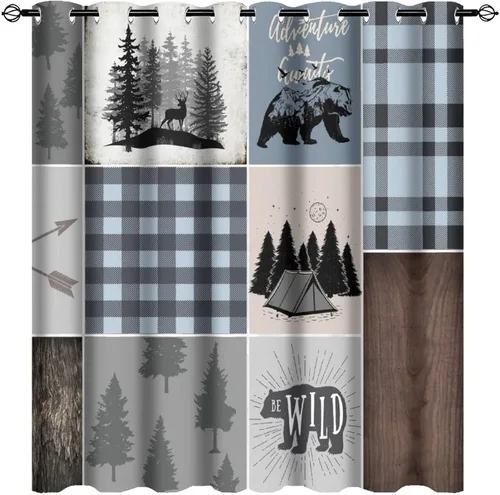 Vista 56 de Cortinas opacas rústicas de cabaña con osos y ciervos - Juego de cortinas de ventana con ojales de temática de granja abstracta, caza, animal