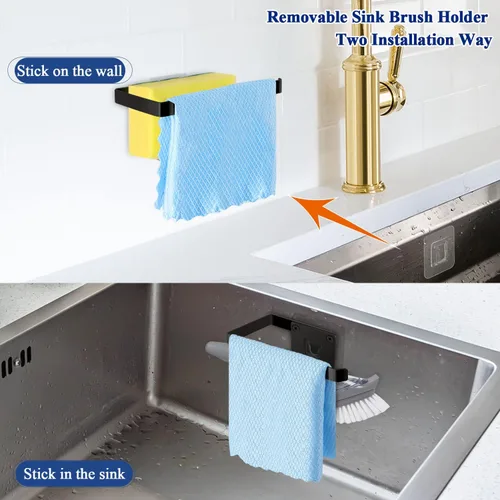 Vista 6 de GAViA Soporte de esponja para fregadero de cocina, colgador de esponja y paño de cocina, adhesivo a prueba de óxido, acero inoxidable 304, sin Negro