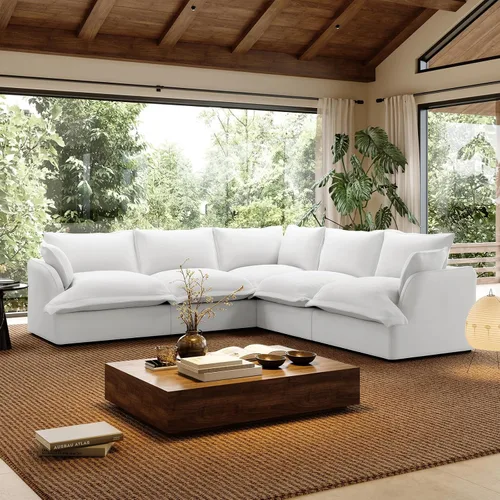 Vista 17 de Sofá modular de mezcla de lino para sala de estar, cómodo sofá modular con relleno de plumón, moderno sofá cama convertible con asiento profundo
