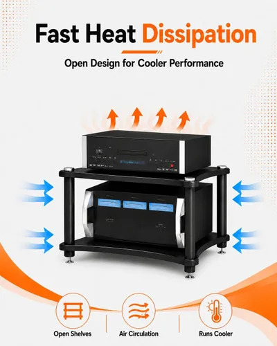 Vista 7 de Soporte para medios AV de 2 niveles, capacidad de carga de 176 libras, color negro anti-vibration feet that help reduce resonance for clearer