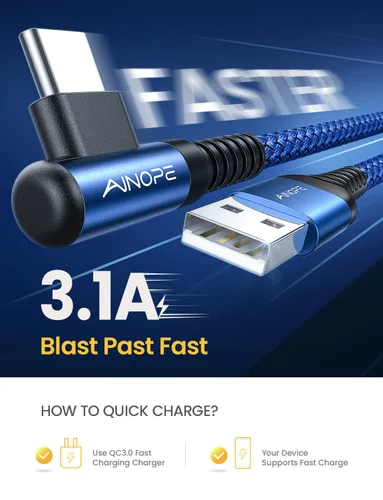 Vista 3 de AINOPE - Cable USB C de 1 metro en ángulo recto, paquete de 2 cables USB a USB C de 1 metro, cable USB A a USB C trenzado de nailon de 3.1A de carga