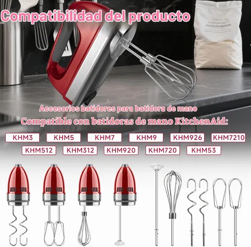 Vista 4 de Batidor de mano para batidora de mano Kitchenaid KHM3 KHM5 KHM7 KHM9, incluye batidor, varilla de mezcla y gancho para masa, accesorios de batidora