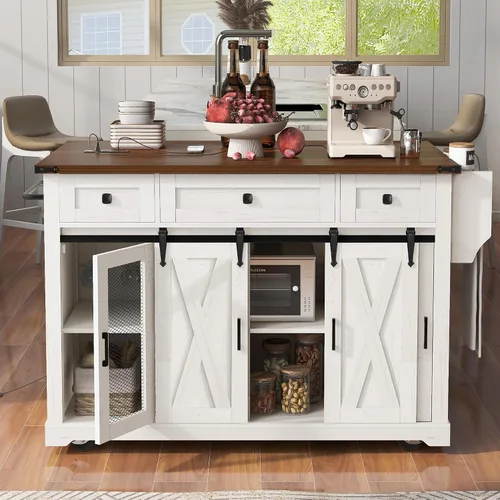 Vista 8 de Isla de cocina de 2 hojas caídas sobre ruedas, carrito de cocina rodante con tomas de corriente, mesa de isla de cocina con 2 gabinetes