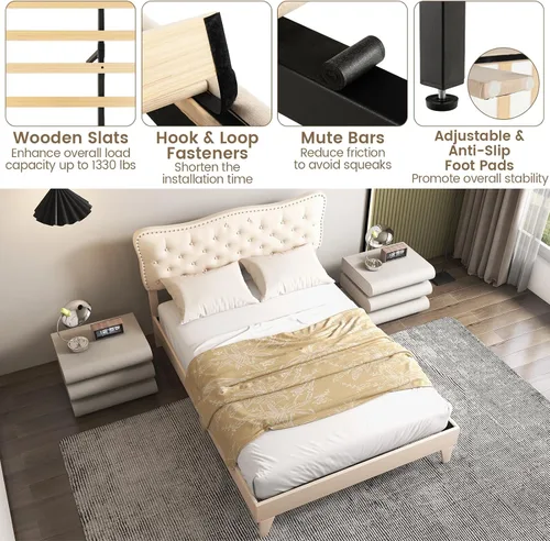 Vista 13 de Giantex Base de cama tamaño Queen color beige, plataforma tapizada de tela de lino con cabecera de clavos, base de colchón con botones y listones