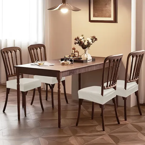 Vista 8 de Juego de 4 fundas de asiento impermeables de piel sintética para sillas de comedor, fundas de asiento suaves para sillas de comedor, funda Beige