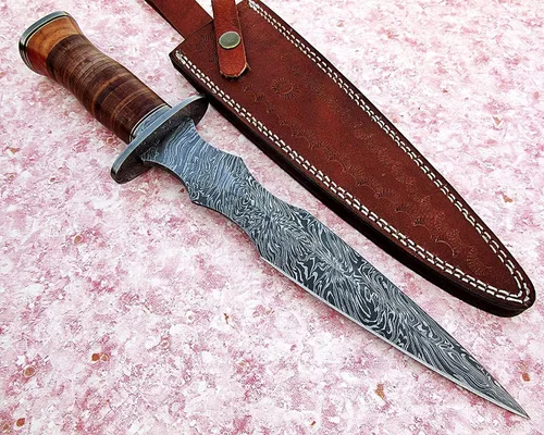 Vista 4 de Poshland DG-71 Hecho a mano Damscus cuchillo de acero con mango de cuero - doble borde