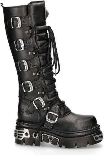 Vista 3 de New Rock Botas altas góticas Emo de cuero negro metálico 272-S1 para hombre con cierre de encaje y hebilla