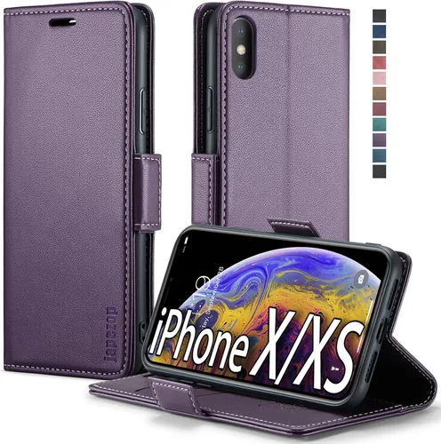 Vista 28 de japezop Funda tipo cartera compatible con iPhone Xs/iPhone X con tarjetero y bloqueo RFID, funda de cuero suave con soporte magnético y funda Negro