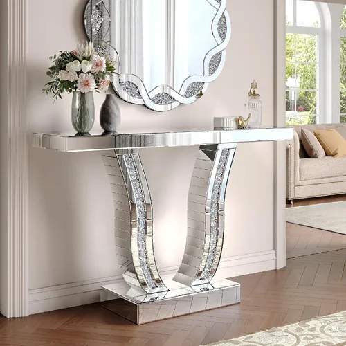 Vista 22 de Mesa consola con espejo de 55 pulgadas, mesa larga para sofá de sala de estar, oficina, detalles de cristal de diseño hexagonal, moderno escritorio