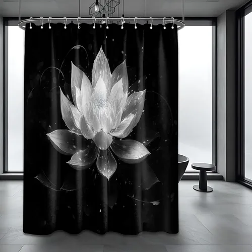 Vista 26 de Cortina de ducha con flores de loto negro y azul para decoración de baño, juego de cortinas decorativas de baño con estampado floral, tela