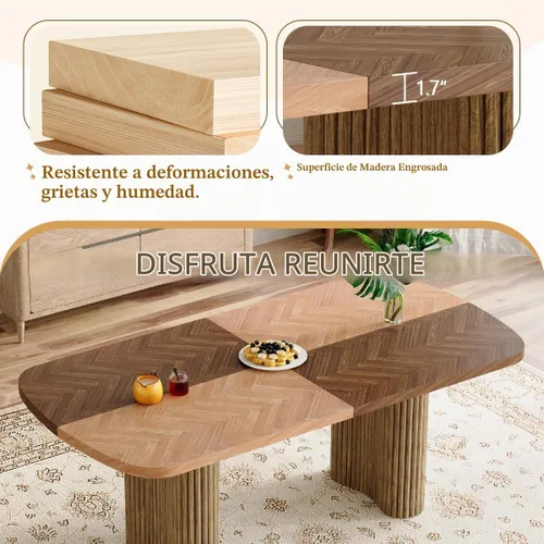 Vista 3 de Mesa de comedor extra larga de 78.7 pulgadas para 6-10 personas, mesa de cocina moderna con bases estriadas, mesa de comedor rectangular de granja