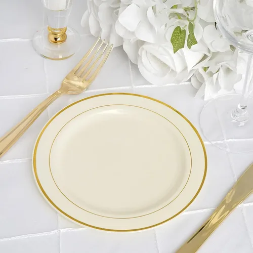 Vista 7 de Efavormart - Paquete de 50 platos redondos de postre de plástico Très Chic de 6 pulgadas con borde dorado