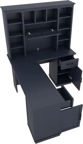 Vista 8 de RUNNA Escritorio para computadora en forma de L para el hogar y la oficina con almacenamiento (azul antiguo # 048)