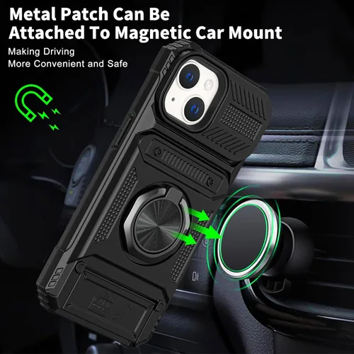 Vista 4 de Vofolen - Funda tipo cartera para iPhone 13 con tarjetero [tienda de 2 tarjetas], color negro 360°Magnetic Ring Stand Dual Layer Heavy Duty